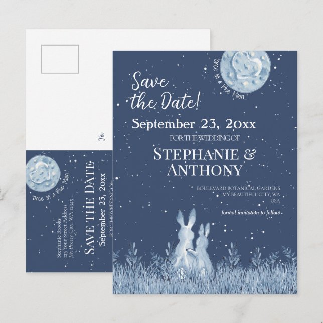 Whimsical Blue Rabbit Bunny Moon Stars Hochzeit Ankündigungspostkarte (Vorne/Hinten)
