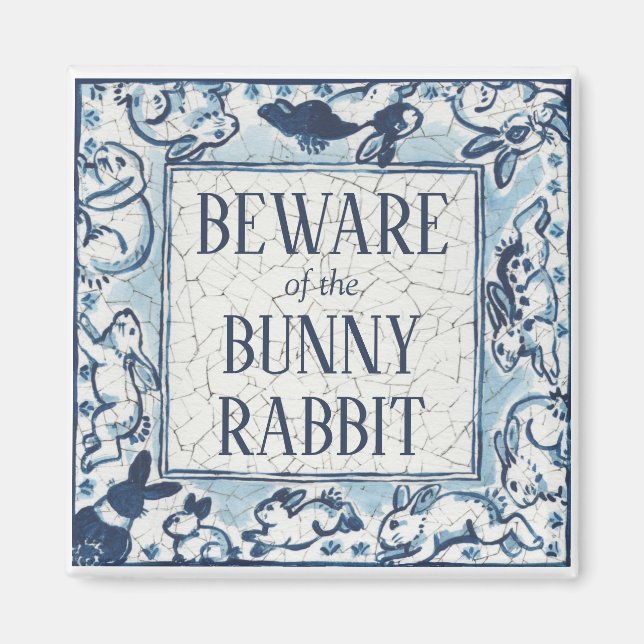 Whimsical Blue Rabbit Tile Dedham Beware Magnet (Vorne)