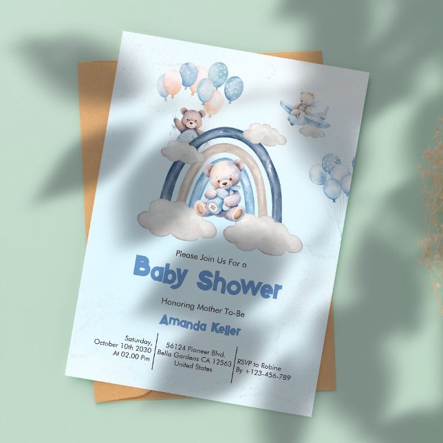 Whimsical Blue Rainbow Teddy Bear Baby Dusche Einladung (Von Creator hochgeladen)