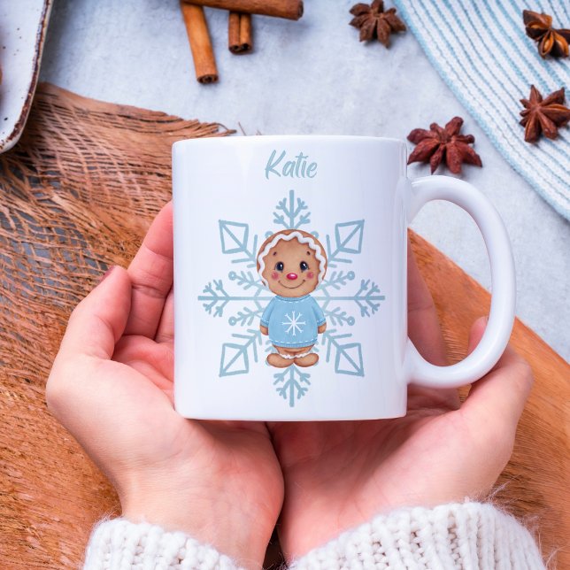 Whimsical Blue Snowflake und Winter Gingerbrot Kaffeetasse (Von Creator hochgeladen)
