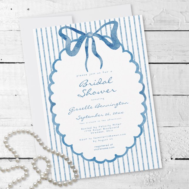 Whimsical Blue Watercolor Bow Stripe Bridal Shower Einladung (Whimsical Blue Watercolor Bow Stripe Bridal Shower Invitation)