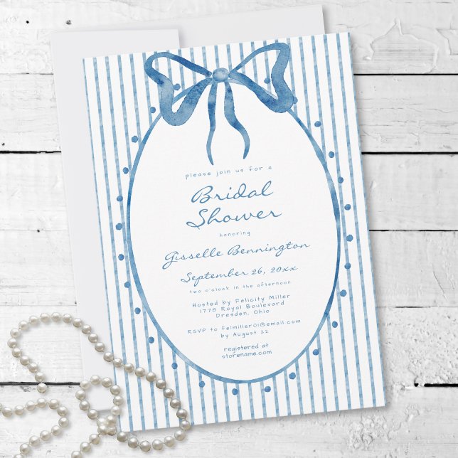 Whimsical Blue Watercolor Bow Stripe Bridal Shower Einladung (Whimsical Blue Watercolor Bow Stripe Bridal Shower Invitation)