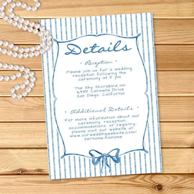 Whimsical Blue Watercolor Bow Stripe Wedding Begleitkarte (Whimsical Blue Watercolor Bow Stripe Wedding Enclosure Card)