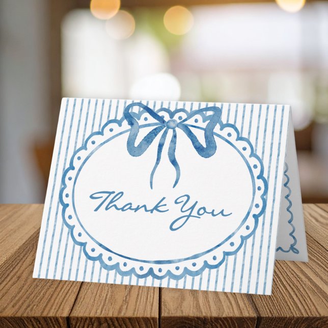Whimsical Blue Watercolor Bow Stripe Wedding Dankeskarte (Whimsical Blue Watercolor Bow Stripe Wedding Thank You Card)