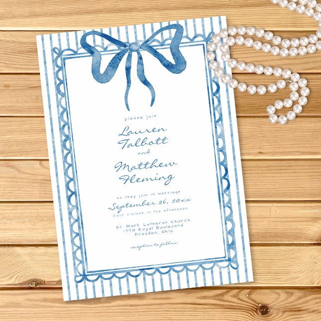 Whimsical Blue Watercolor Bow Stripe Wedding Einladung (Von Creator hochgeladen)