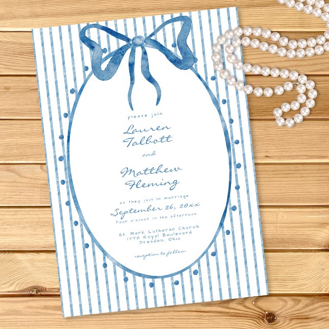 Whimsical Blue Watercolor Bow Stripe Wedding Einladung (Von Creator hochgeladen)