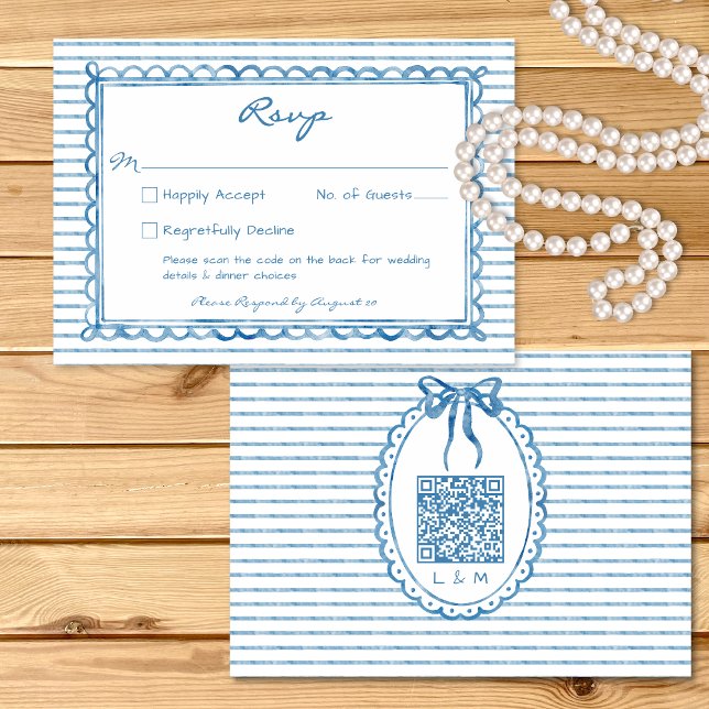 Whimsical Blue Watercolor Stripe Wedding QR RSVP Karte (Whimsical Blue Watercolor Stripe Wedding QR RSVP Card)
