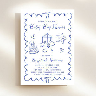 Whimsical Blue Wavy Frame Baby Boy Dusche Einladung