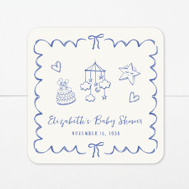 Whimsical Blue Wavy Frame Baby Boy Dusche Quadratischer Aufkleber