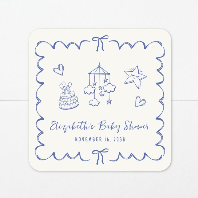 Whimsical Blue Wavy Frame Baby Boy Dusche Quadratischer Aufkleber (Von Creator hochgeladen)