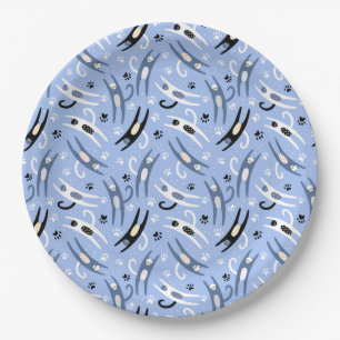 Whimsical Blue White Black Cartoon Katzenmuster Pappteller