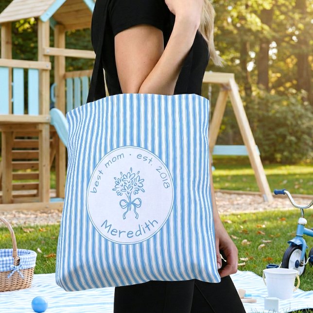 Whimsical Blue White Stripe Preppy Mom Established (Von Creator hochgeladen)