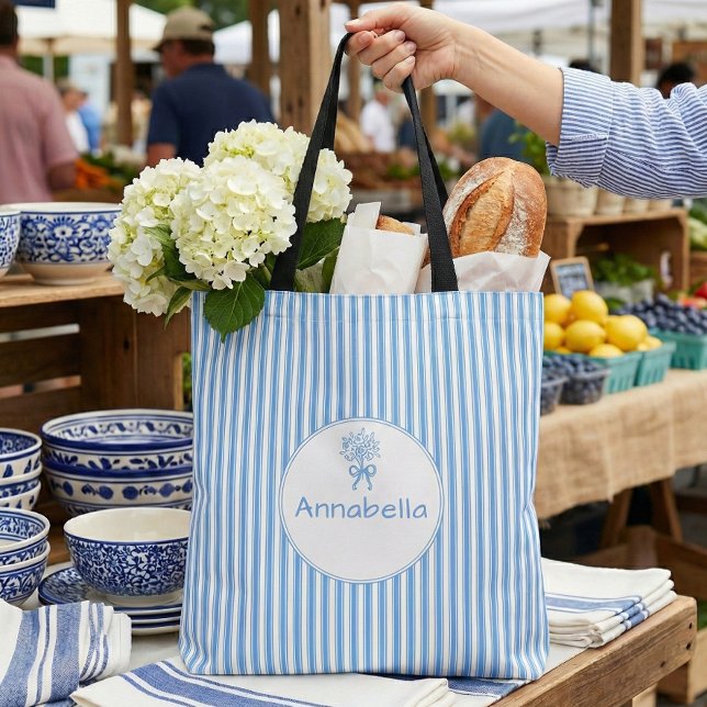 Whimsical Blue White Stripe Preppy Monogram (Von Creator hochgeladen)