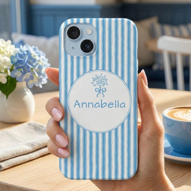 Whimsical Blue White Stripe Preppy Monogram iPhone 15 Hülle (Von Creator hochgeladen)