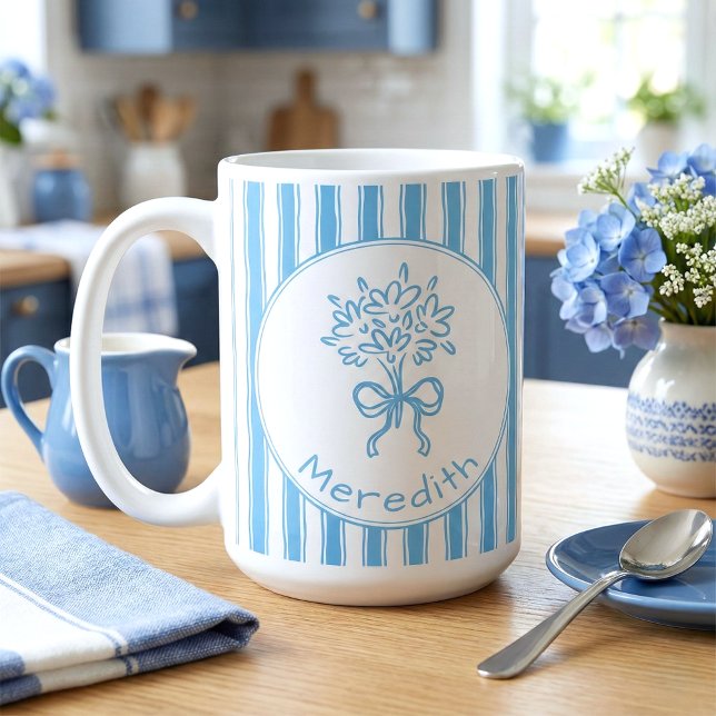 Whimsical Blue White Stripe Preppy Monogram Kaffeetasse (Von Creator hochgeladen)