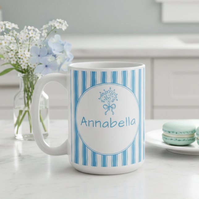 Whimsical Blue White Stripe Preppy Monogram Kaffeetasse (Von Creator hochgeladen)