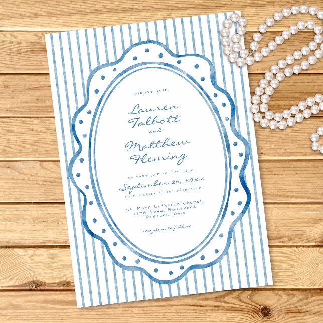 Whimsical Blue White Watercolor Stripe Wedding Einladung (Whimsical Blue White Watercolor Stripe Wedding Invitation)