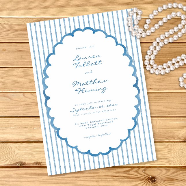 Whimsical Blue White Watercolor Stripe Wedding Einladung (Whimsical Blue White Watercolor Stripe Wedding Invitation)