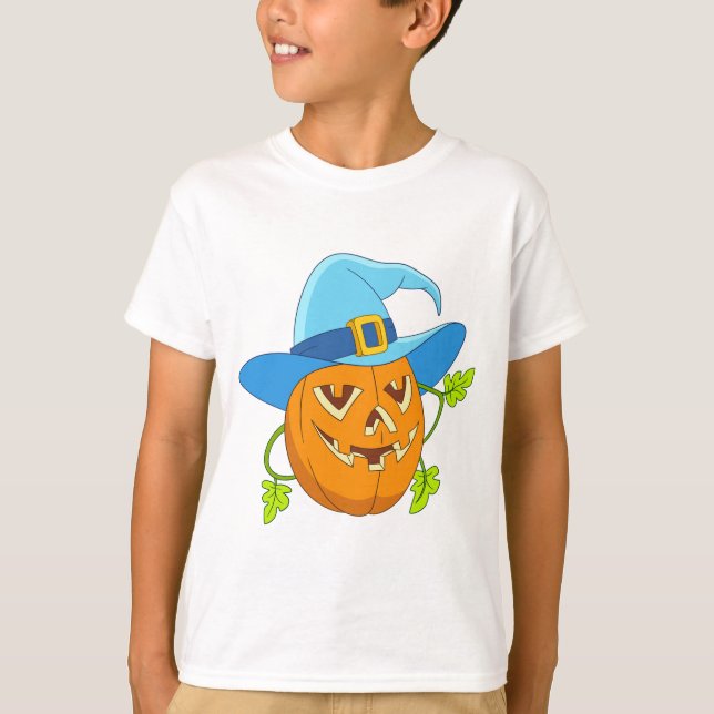 Whimsical Blue Witch Hat Pumpkin Halloween-Cartoon T-Shirt (Vorderseite)