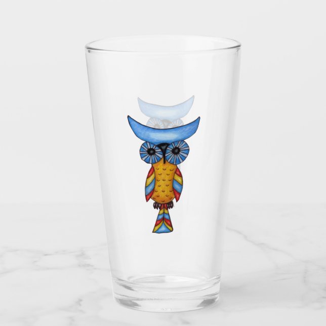 Whimsical Blue Yellow Owl Colorful Feathers Schwan Glas (Vorderseite)