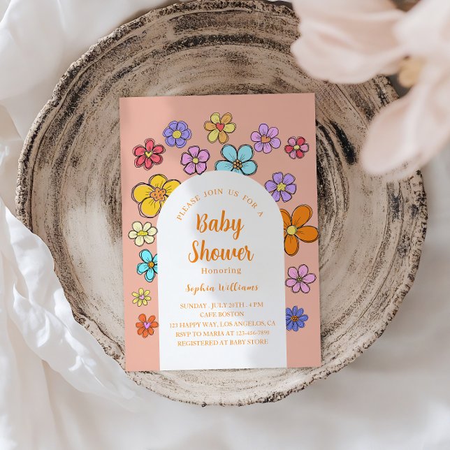 Whimsical Blume Baby Dusche - Peach & Pastel Einladung (Von Creator hochgeladen)