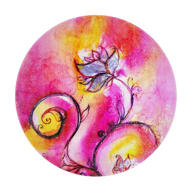 WHIMSICAL BLUME Blaurosa Gelbe Blumenfantasie Schneidebrett (Vorderseite)