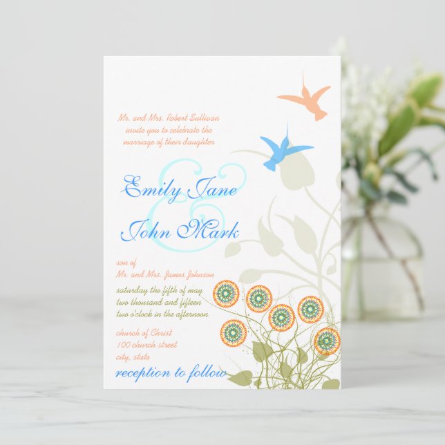 Whimsical Blume & Humming Bird Wedding Einladung (Stehend Vorderseite)