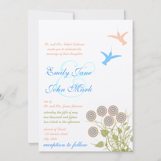 Whimsical Blume & Humming Bird Wedding Einladung (Vorderseite)