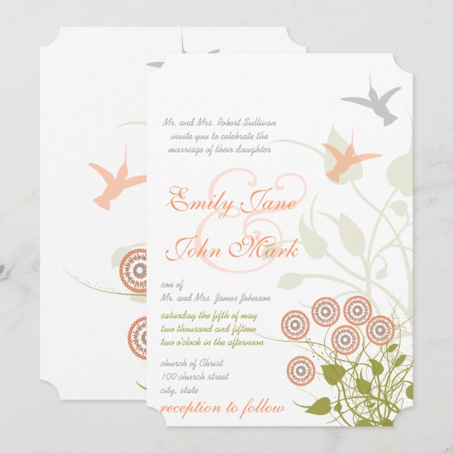 Whimsical Blume & Humming Bird Wedding Einladung (Vorne/Hinten)