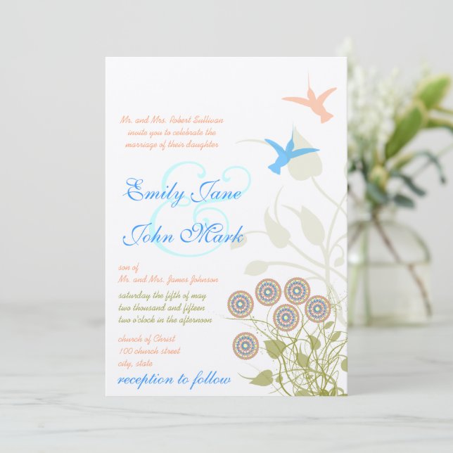 Whimsical Blume & Humming Bird Wedding Einladung (Stehend Vorderseite)