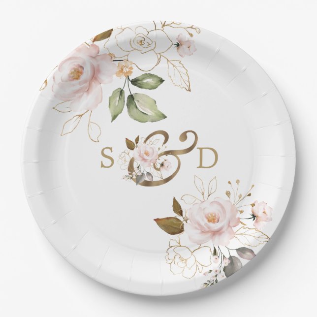 Whimsical Blush Gold Blume Monogram Wedding Pappteller (Vorderseite)