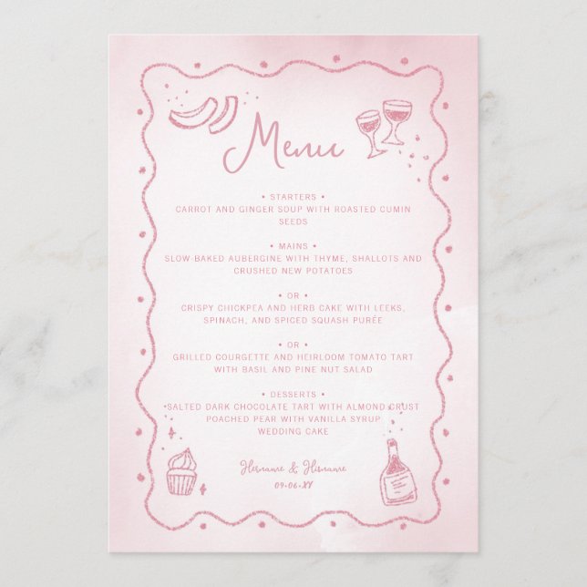 Whimsical Blush Pink Hand Drawn Food Wedding Menükarte (Vorderseite)
