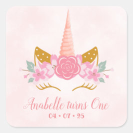 Whimsical Blush Pink Unicorn Erster Geburtstag Quadratischer Aufkleber