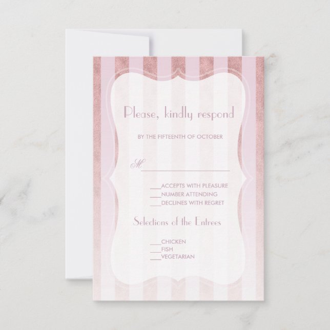 Whimsical Blush Rose Goldstreifen Hochzeit RSVP Karte (Vorderseite)