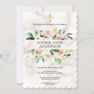 Whimsical Blush White Blume Cross Girl Baptisse Einladung