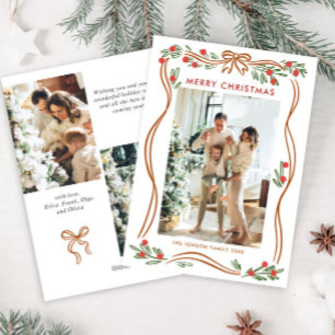 Whimsical Boho Beige Christmas Bow Ribbon 3 Foto Feiertagskarte