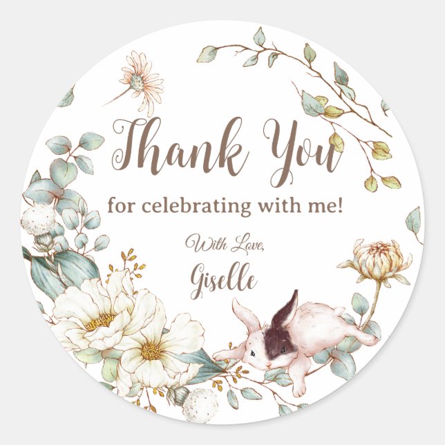 Whimsical Boho Chic Bunny Rabbit Botanal Floral Runder Aufkleber (Vorderseite)