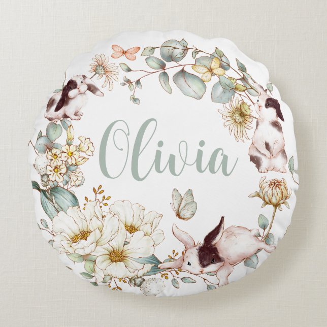 Whimsical Boho Chic Bunny Rabbit Botanal Floral Rundes Kissen (Vorderseite)