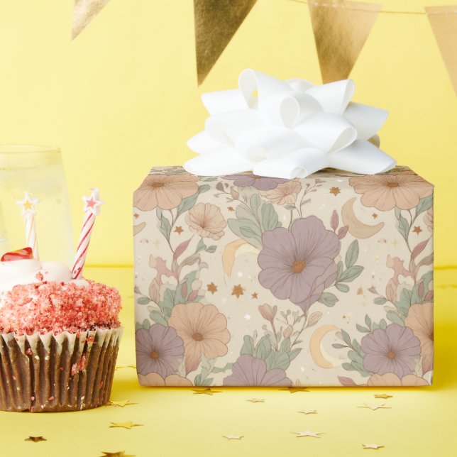 Whimsical Boho Floral & Mond Traumlandschaft Geschenkpapier (Geburtstagsparty)