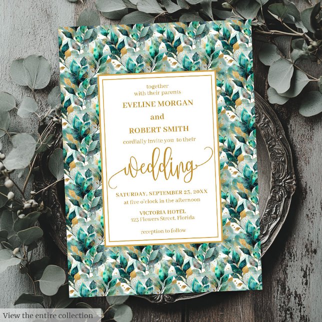 Whimsical Boho Forest Green Gold Greenerity Hochze Einladung (Whimsical Boho Forest Green Gold Greenery Wedding Invitation)