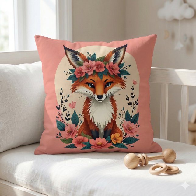 Whimsical Boho Fox mit Blumenwald Kissen (Whimsical Boho Fox with Floral Crown Woodland Throw Pillow Mockup A)