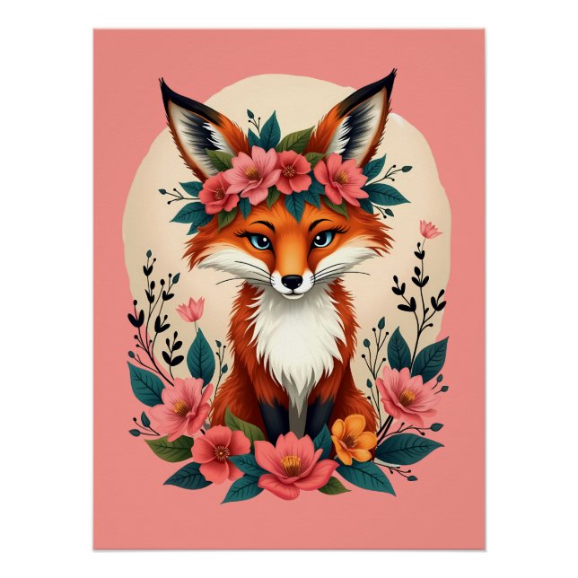 Whimsical Boho Fox mit Blumenwald Poster (Vorderseite)