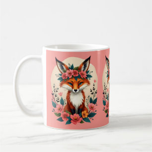 Whimsical Boho Fox mit floralem Kronenwald Pink Kaffeetasse