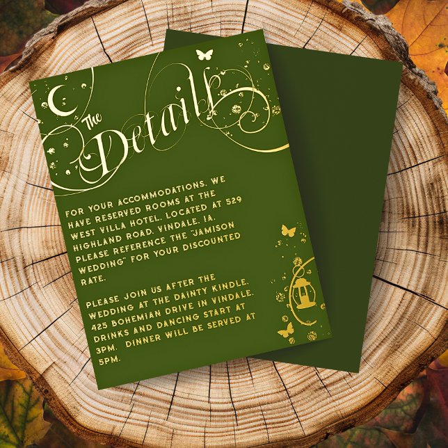 Whimsical Boho Green Gold Foil Wedding Detail Card Folie Einladungspostkarte (Whimsical Green and Gold Boho Fairycore Wedding Details Card with Calligraphy Script and Gold Foil)