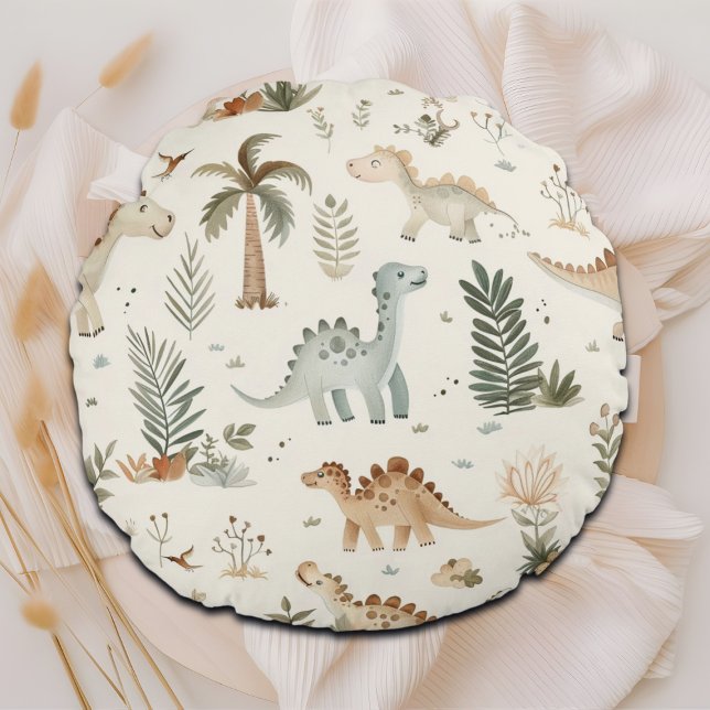 Whimsical Boho Jungle Dinosaur Muster Rundes Kissen (Von Creator hochgeladen)