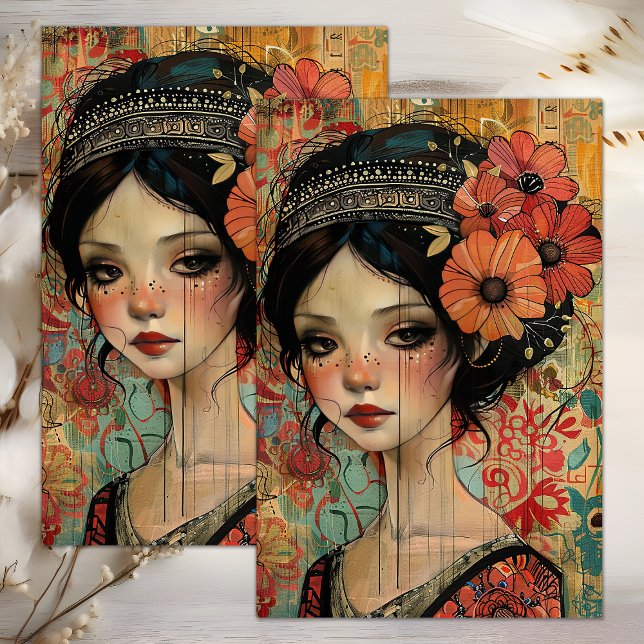 WHIMSICAL BOHO MÄDCHEN DECOUPAY SEIDENPAPIER (WHIMSICAL BOHO GIRL DECOUPAGE TISSUE PAPER)