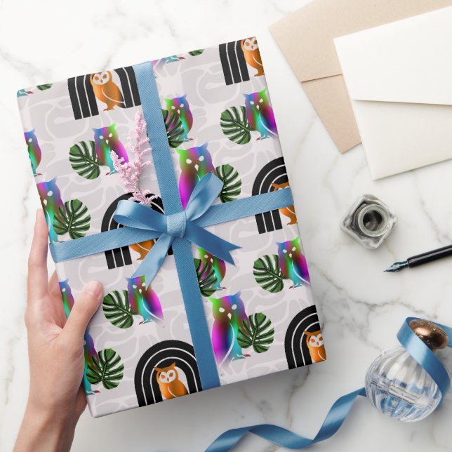 Whimsical Boho Owl & Tropical Monstera Leaf Geschenkpapier (Schenken)