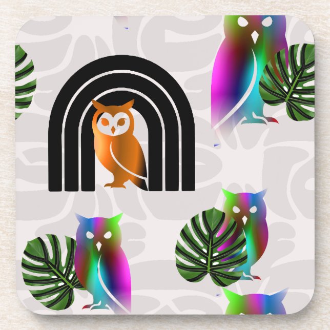 Whimsical Boho Owl & Tropical Monstera Leaf Getränkeuntersetzer (Vorderseite)