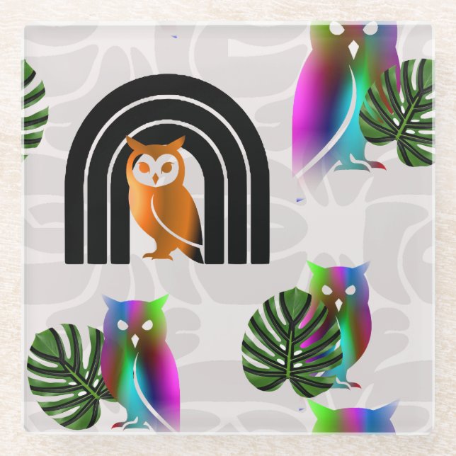 Whimsical Boho Owl & Tropical Monstera Leaf Glasuntersetzer (Vorderseite)