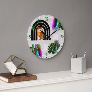 Whimsical Boho Owl & Tropical Monstera Leaf Große Wanduhr